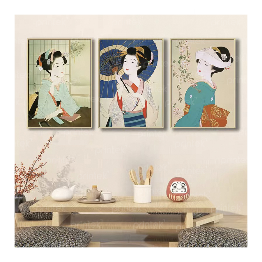Bộ 3 tranh cô gái mặc kimono, trang trí nhà hàng, quán ăn Nhật Bản - TB13323234
