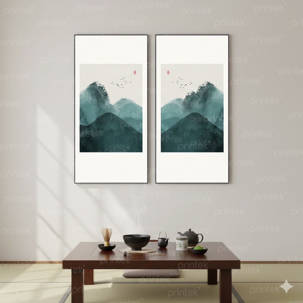 Bộ 2 tranh thủy mặc treo phòng trà - PC1626