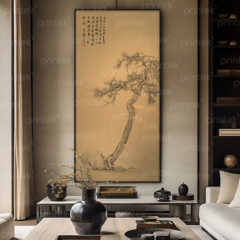 Tranh thủy mặc cây tùng, trang trí phòng trà, phòng thiền - TM050124
