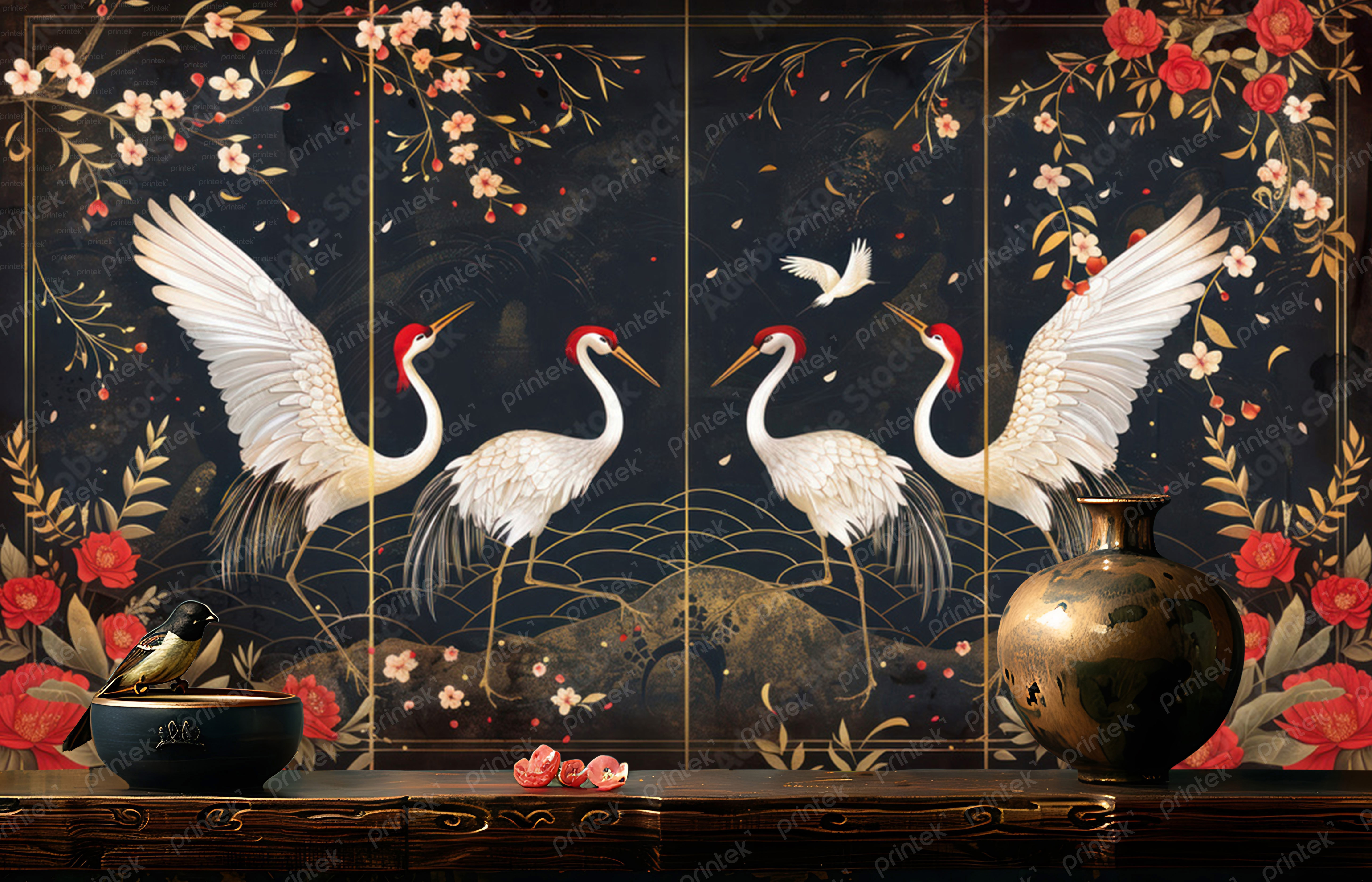 Tranh vải dán tường chim hạc, phong cách Indochine - ID52195