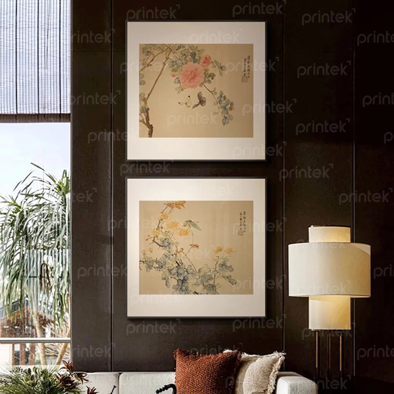 Bộ 2 tranh hoa và chim, trang trí phòng trà đạo  - TM246876