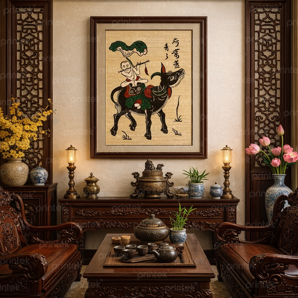 Tranh dân gian Đông Hồ cậu bé thổi sáo - TP90065