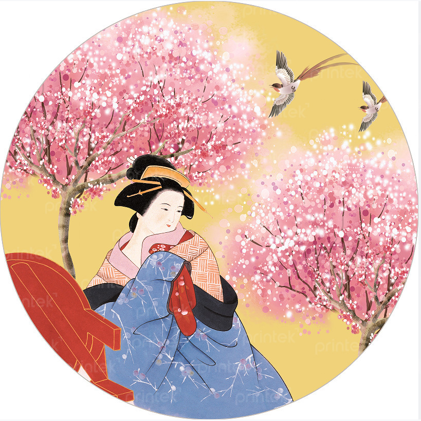Tranh tròn cô gái mặc kimono trang trí nhà hàng Nhật Bản edit