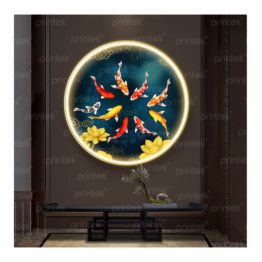 Tranh Cá chép hoa sen tráng gương, tranh đèn led cao cấp - LED025