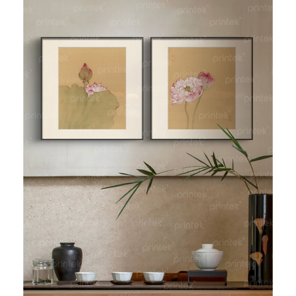 Bộ 2 tranh hoa sen decor phòng trà - PT38950