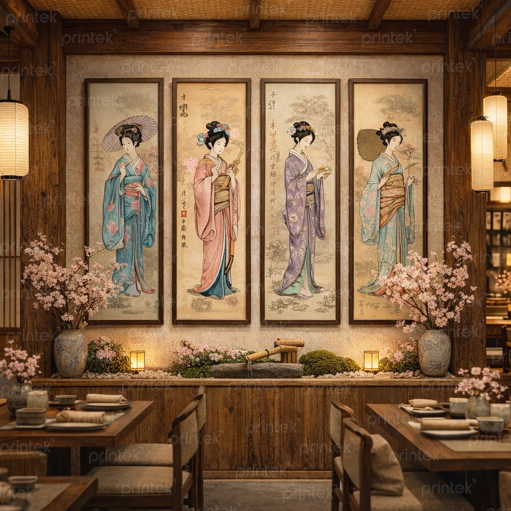 Bộ 4 tranh cô gái mặc kimono, trang trí nhà hàng, quán ăn Nhật Bản - FG13323744