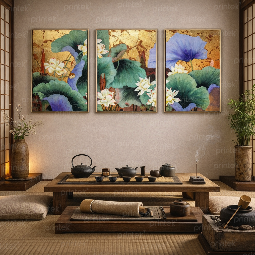 Bộ  3 tranh hoa sen, đã có khung – MS4577