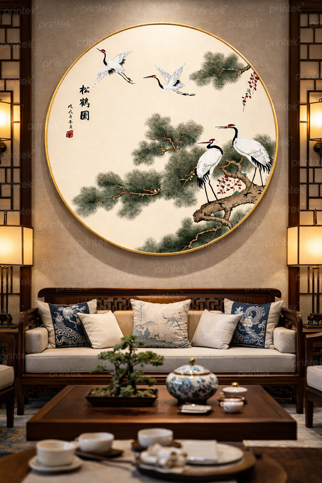 Tranh tròn tùng hạc