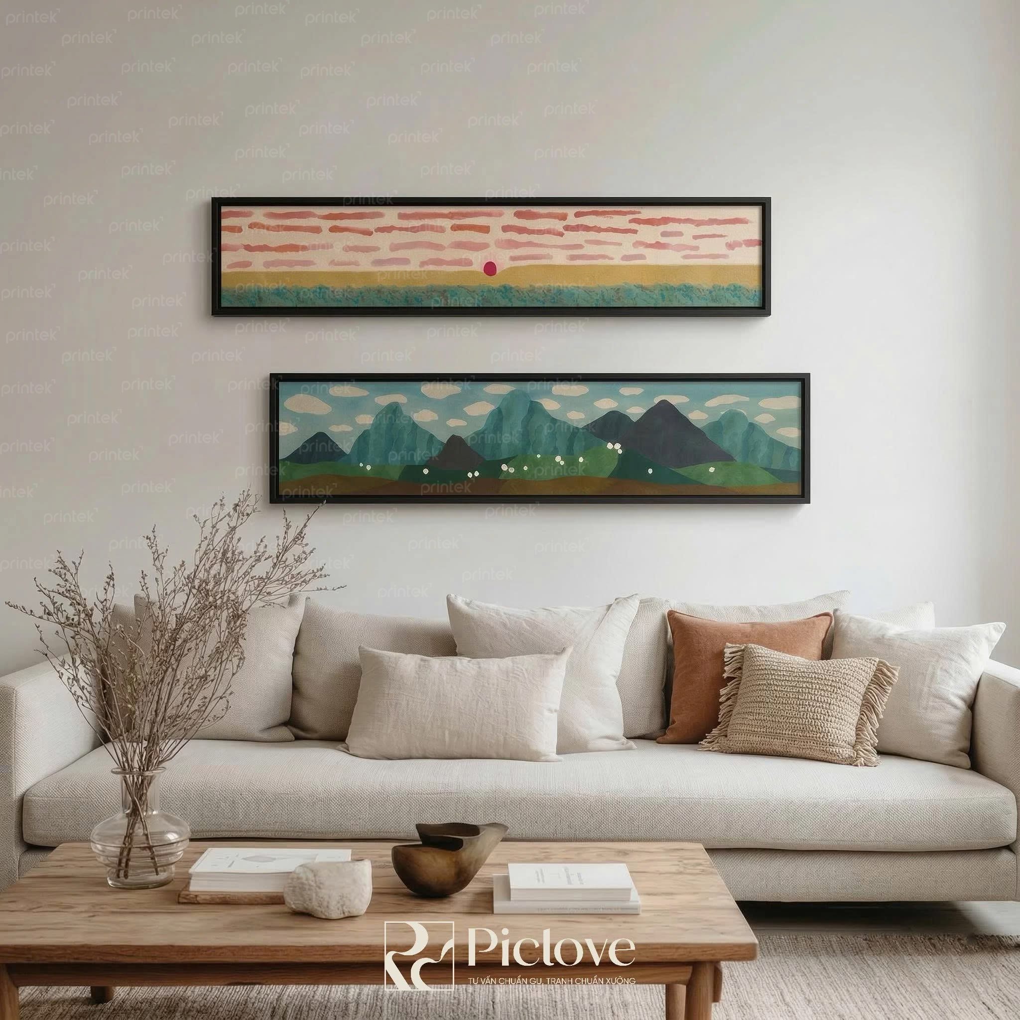 Bộ 2 tranh Hồng Sơn - Tranh phong cảnh trừu tượng treo phòng khách - PL006
