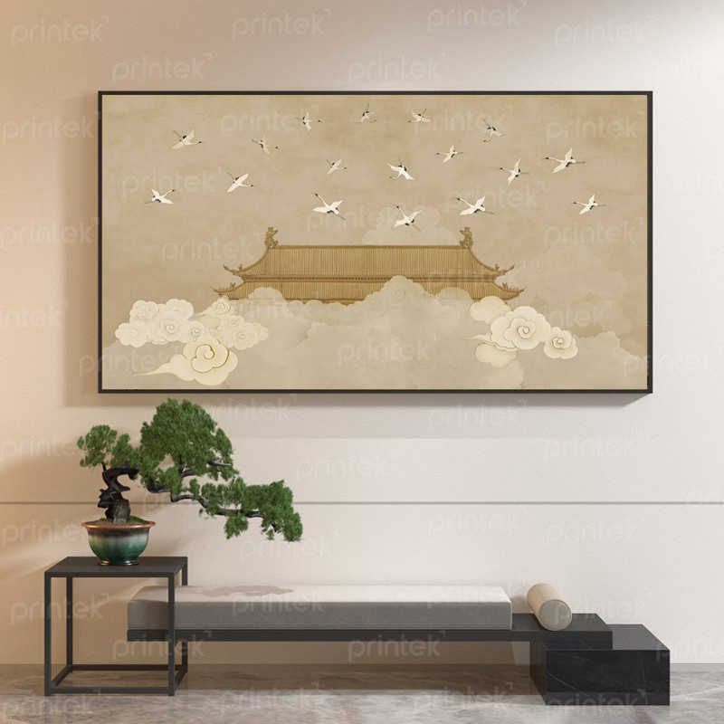 Tranh thuỷ mặc Mái đình & hạc trắng - ID62010